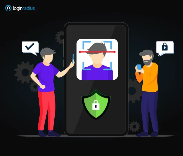 Illustration of users performing facial recognition and mobile authentication with security icons.