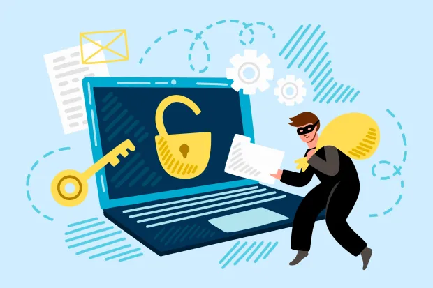 Illustration of a hacker stealing data from an unlocked laptop, symbolizing a cybersecurity breach. Depicts the risks of weak passwords and poor online security practices.