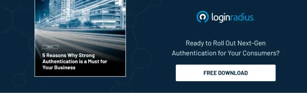 Ebook promotion by LoginRadius titled “5 Reasons Why Strong Authentication is a Must for Your Business. Includes a call-to-action: “Ready to Roll Out Next-Gen Authentication for Your Consumers? Free Download.