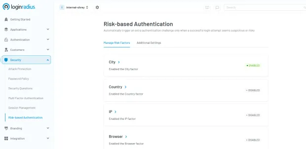 Risk-based Authentication settings in LoginRadius dashboard showing enabled and disabled authentication factors, including City, Country, IP, and Browser.