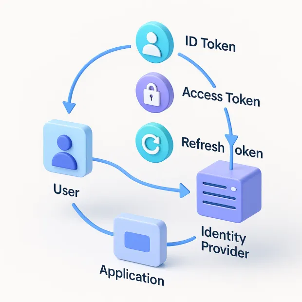 Diagram showing how a user, application, and identity provider exchange ID, access, and refresh tokens. Arrows illustrate the authentication and token flow cycle.