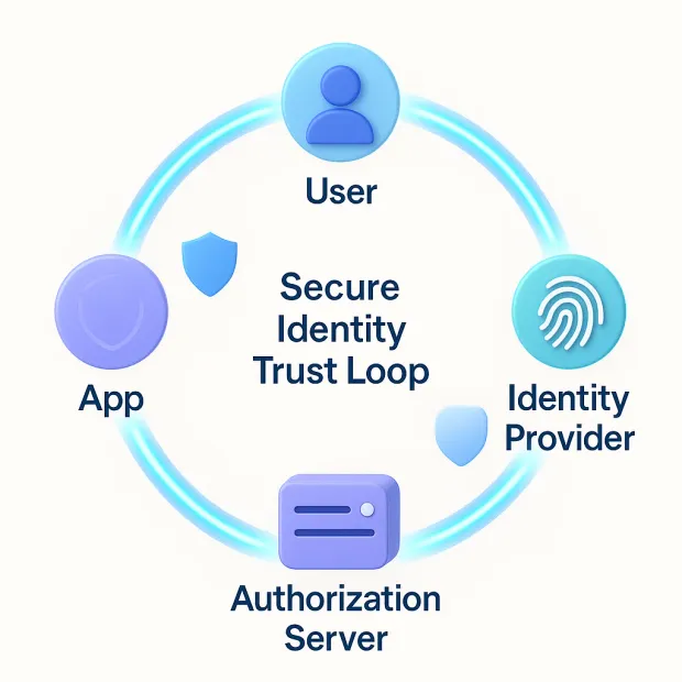 Diagram showing the Secure Identity Trust Loop between a user, identity provider, authorization server, and app. Visual icons represent each component connected in a circular flow.