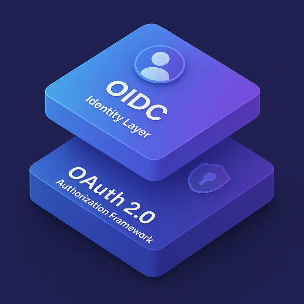 3D illustration showing OIDC as the identity layer stacked above OAuth 2.0 as the authorization framework. Visual blocks highlight how the two standards layer together.