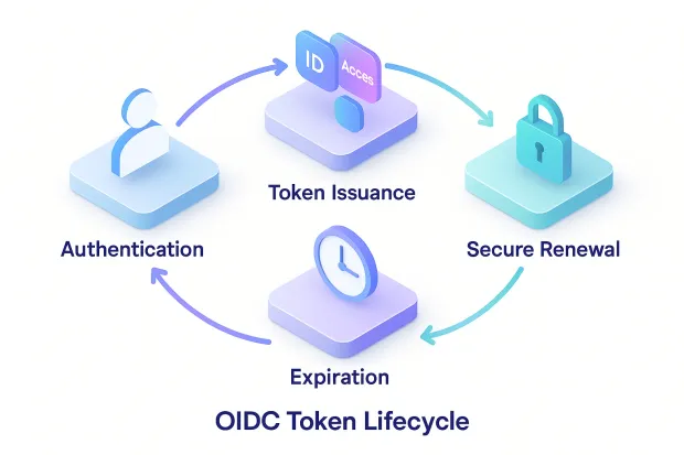 Circular diagram showing the OIDC token lifecycle, including authentication, token issuance, expiration, and secure renewal. Icons illustrate each phase of the token process.