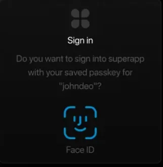 Sign-in screen asking the user to log into Superapp using a saved passkey for "johndeo" with Face ID authentication prompt.