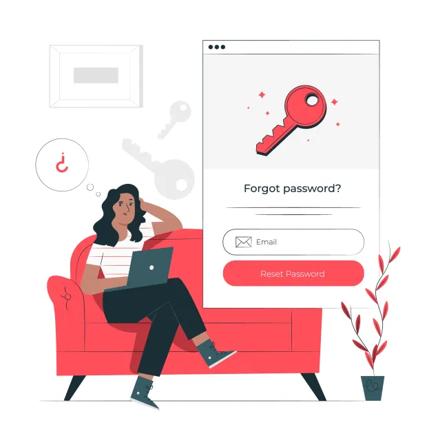 Woman sitting on a red couch with a laptop, looking at a "Forgot password?" screen showing a red key icon and an email reset form.