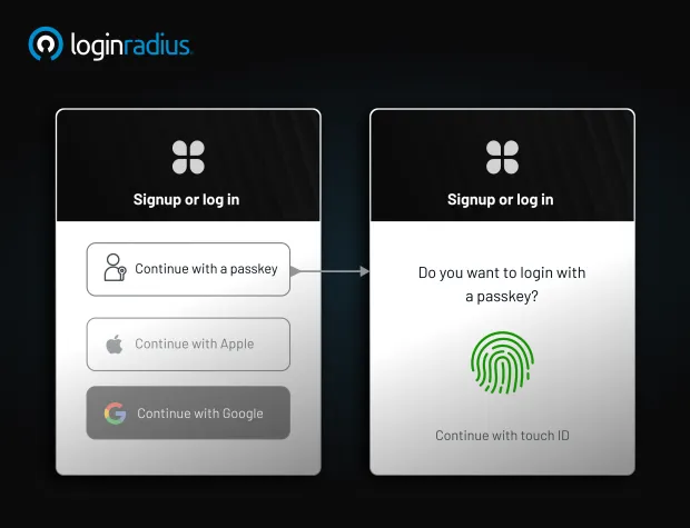 LoginRadius login interface offering passkey-based sign-in with biometric prompt, alongside options for Apple and Google login.