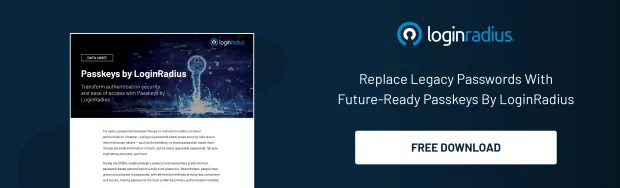 LoginRadius banner promoting Passkeys, encouraging users to replace passwords with modern authentication and download a datasheet.