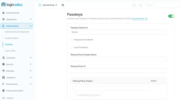 LoginRadius admin console showing configuration options for passkey authentication including party ID, origins, and enrollment settings.