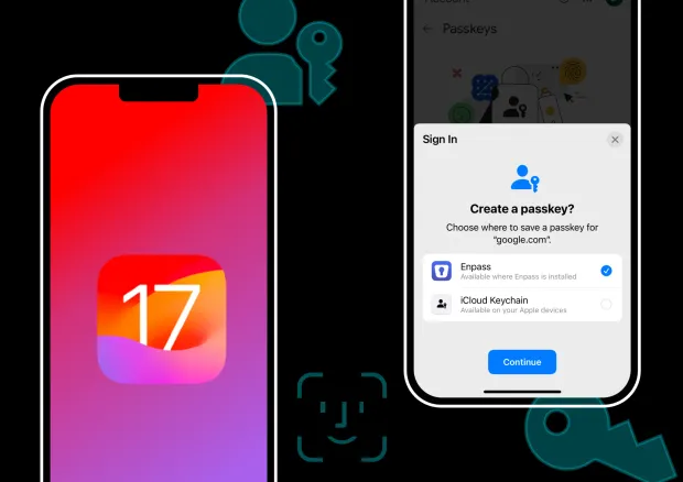 iPhone displaying iOS 17 with a screen prompting the user to save a passkey for google.com using Enpass or iCloud Keychain.