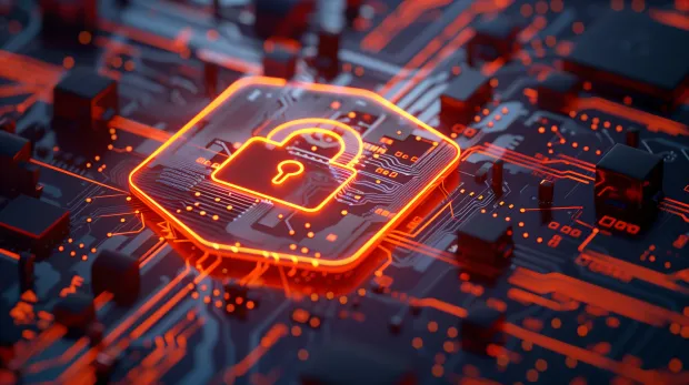 Futuristic illustration of a glowing digital lock on a circuit board, symbolizing cybersecurity and technological protection.
