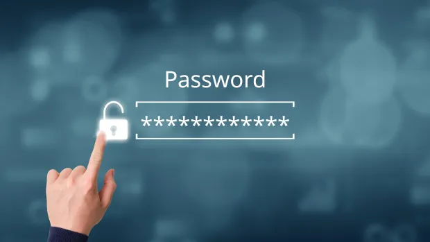 Hand pressing an unlocked padlock icon next to a password input field, representing secure digital login and authentication.