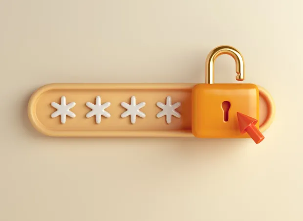 3D illustration of an unlocked padlock and password entry field, symbolizing online account security and user authentication.