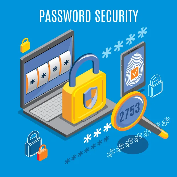 Illustration depicting digital password security with laptop, fingerprint authentication, padlocks, and magnifying glass emphasizing data protection.