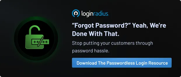 CTA banner with a green unlocked padlock icon and LoginRadius logo. Text reads: Forgot Password? Yeah, We’re Done With That. Download the Passwordless Login Resource.