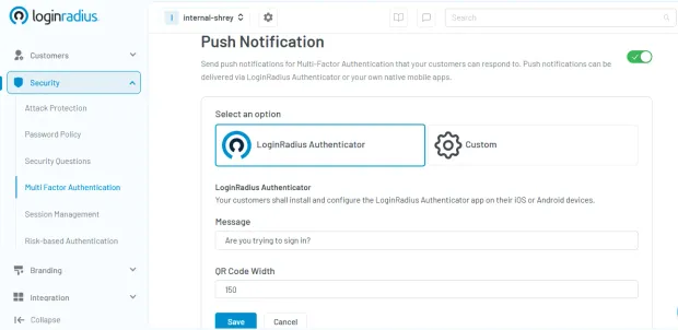 LoginRadius dashboard showing push notification authentication setup for Multi-Factor Authentication (MFA) with options for LoginRadius Authenticator or custom integration.