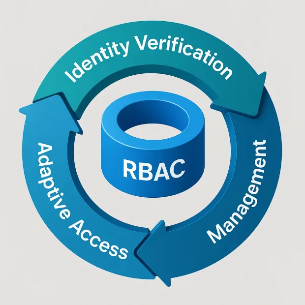 A circular flow diagram with three labeled arrows—Identity Verification, Management, and Adaptive Access—surrounding a central RBAC cylinder. The design illustrates how RBAC sits at the core of an ongoing identity and access management cycle.