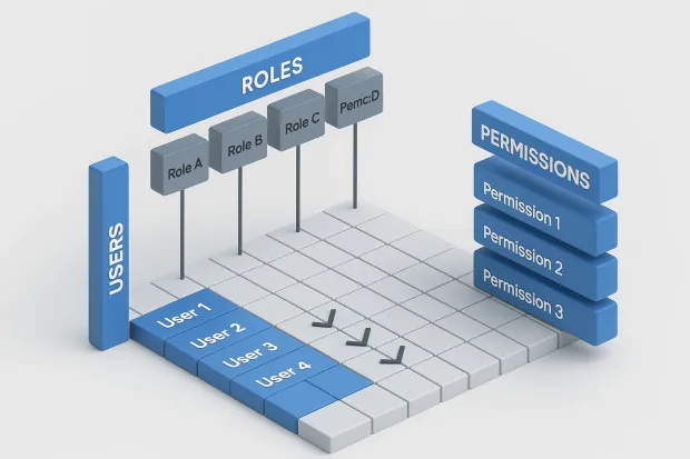 A 3D grid illustrating RBAC, with Users on the left, Roles at the top, and Permissions on the right. Highlighted cells and arrows show how users inherit permissions through assigned roles.