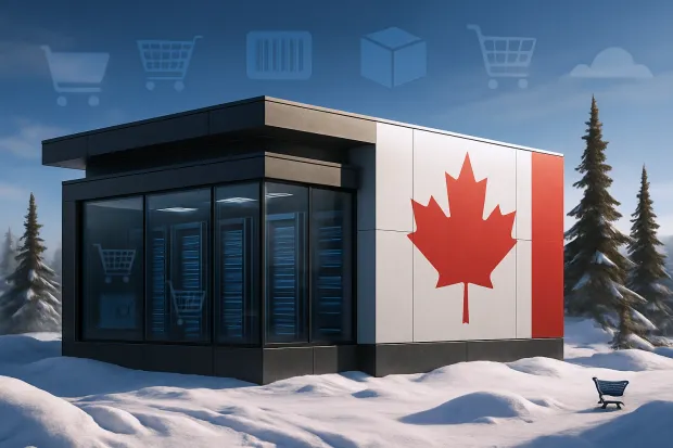 Building with canadian flag with carts storage.