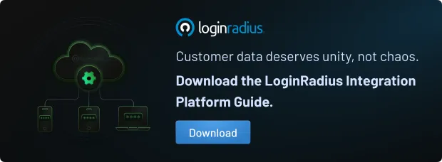 LoginRadius banner promoting customer data unity. Download the LoginRadius Integration Platform Guide with a download button.