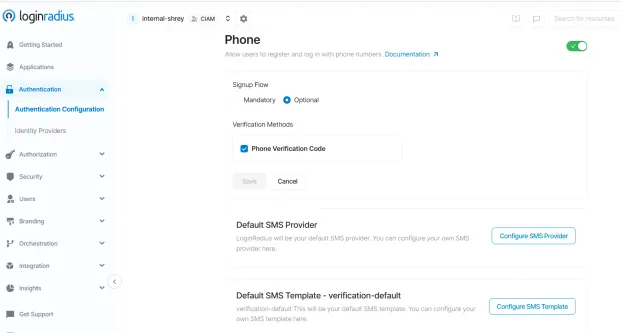 LoginRadius console showing Phone Authentication settings with signup flow optional and phone verification code enabled. Options available to configure SMS provider and SMS template.