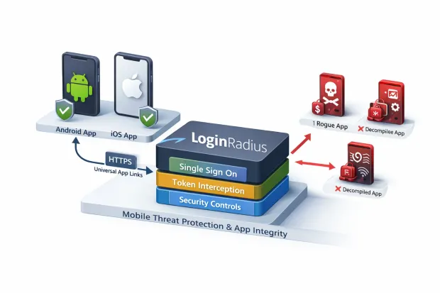 3D diagram showing secure Android and iOS apps connected to LoginRadius using HTTPS universal app links, while rogue, decompiled, and token-intercepting apps are blocked to protect mobile app integrity.