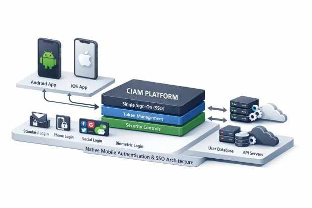 3D layered stack illustrating secure mobile login, showing user experience on top, authentication methods in the middle, and SDK-based security controls at the foundation for native mobile apps.
