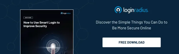 LoginRadius banner promoting a white paper on smart login for improved security. Features a fingerprint scan graphic and free download button.
