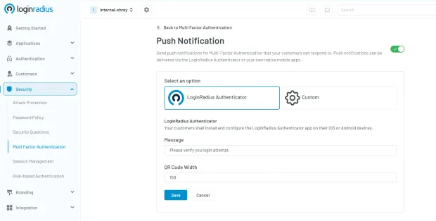 Illustration showing LoginRadius console showing push notification mfa configuration with loginradius authenticator and custom authenticator option.