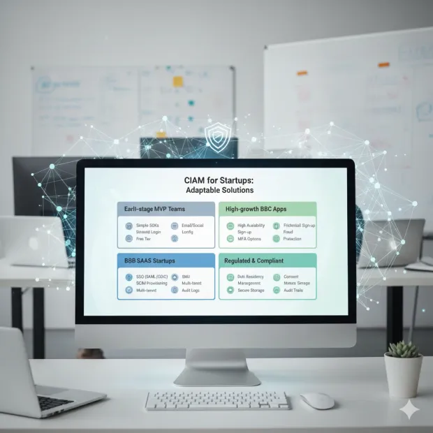 A modern office desk with a desktop monitor displaying a “CIAM for Startups: Adaptable Solutions” dashboard, featuring security and identity management options