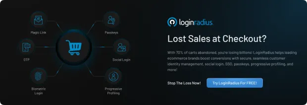 Banner promoting LoginRadius solutions to reduce cart abandonment with features like OTP, magic link, social login, and progressive profiling.
