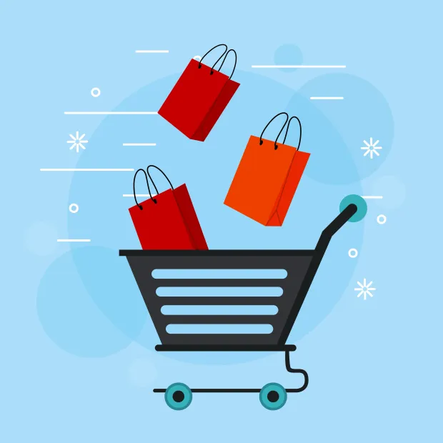 Illustration of shopping cart with items flying out, representing cart abandonment in e-commerce.