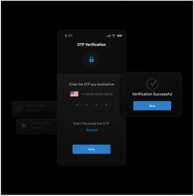 OTP verification screen displaying a secure login process via SMS. User enters a one-time password (OTP) sent to a masked phone number. A 'Verification Successful' message confirms authentication.
