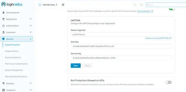 Illustration showing loginradius console with captcha settings and configuration along with bot protection settings.