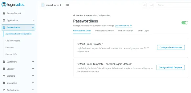 Illustration showing loginradius console with passwordless authentication configuration with default email provider and default email template settings.