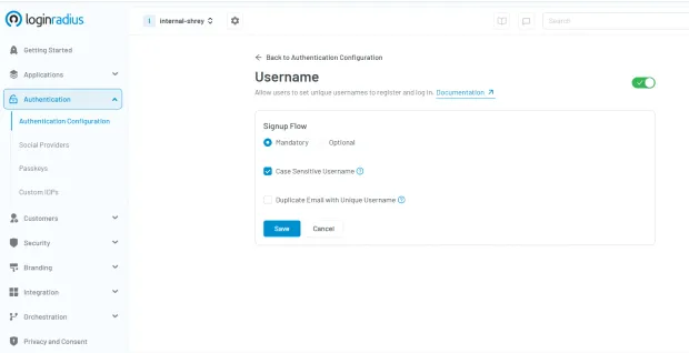 Illustration showing loginradius console with username and password configuration under authentication.