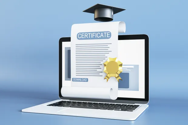 A digital certificate with a gold seal is displayed emerging from a laptop screen. A graduation cap hovers above, representing online certification and e-learning success.