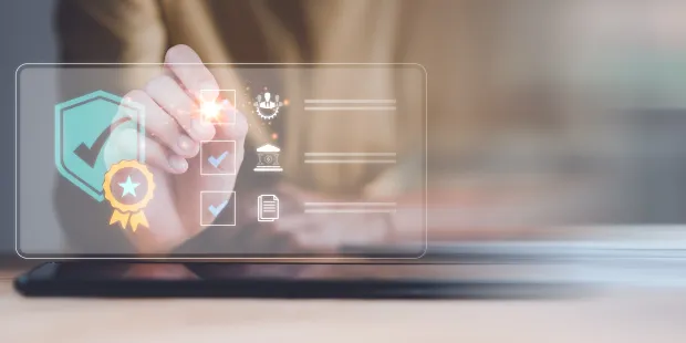 A person interacts with a digital interface displaying icons of a certificate, checklist, and academic symbols. The glowing badge with a checkmark emphasizes digital credentialing and verified achievements.