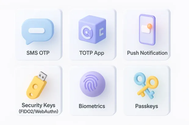 Grid of six colorful icons representing different two-factor authentication methods. Includes SMS OTP, TOTP app, push notifications, hardware security keys, biometrics, and passkeys labels.