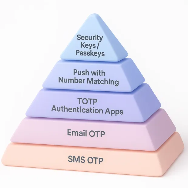 Colorful 3D pyramid ranking multi-factor authentication methods from weakest to strongest. Layers labeled SMS OTP, Email OTP, TOTP authentication apps, push with number matching, and security keys/passkeys at the top.