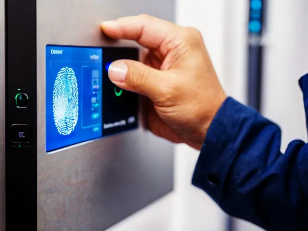 Person scanning their fingerprint on a biometric authentication system. Represents secure, identity-based access control using biometric verification.