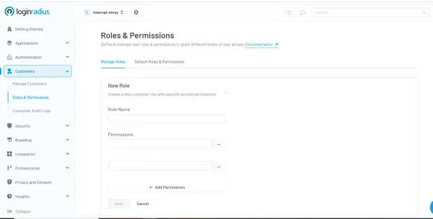LoginRadius dashboard showing the Roles & Permissions setup screen. Used to define role-based access control by assigning specific permissions to customer roles.
