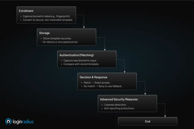 Flowchart showing biometric authentication process. Includes steps like enrollment, storage, matching, decision, and security measures.