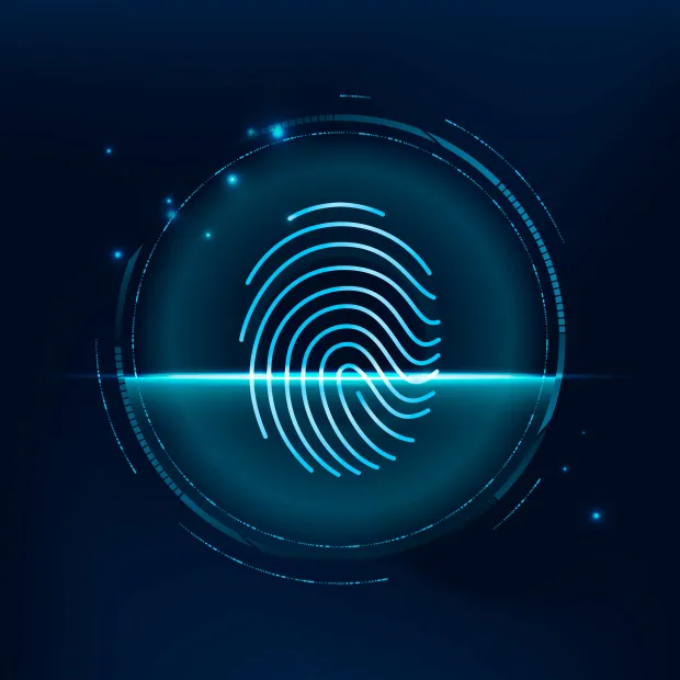 Digital fingerprint scan with glowing blue biometric lines and futuristic interface, symbolizing secure biometric authentication technology.