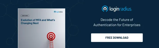 LoginRadius white paper titled “Evolution of MFA and What’s Changing Next” with a red target and ladder, promoting a free download to explore the future of enterprise authentication.