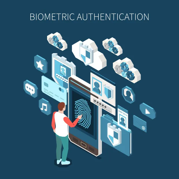 Illustration of a person using fingerprint authentication on a smartphone, surrounded by digital security icons, user data, and cloud storage elements.