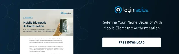 LoginRadius datasheet titled “Mobile Biometric Authentication” promoting secure phone access using Face ID and Touch ID, with a call to action for a free download.