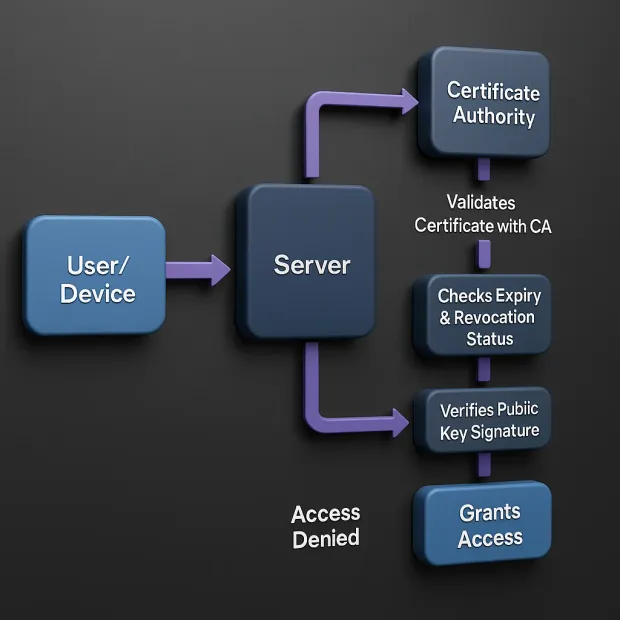 3D flowchart illustrating the server's certificate validation process, from user/device initiation through Certificate Authority checks to access grant or denial.