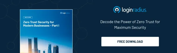 LoginRadius banner promoting a whitepaper titled "Zero Trust Security for Modern Businesses - Part I" with a call-to-action button for free download.