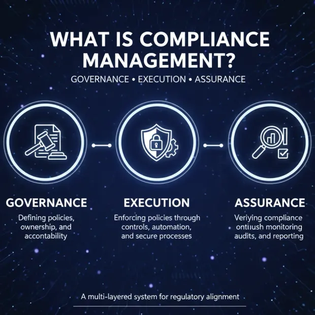 A visual overview of compliance management showing three pillars: Governance, Execution, and Assurance. Illustrates how policies are defined, enforced, and verified within a multi-layered regulatory system.